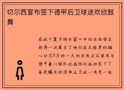 切尔西宣布签下德甲后卫球迷欢欣鼓舞