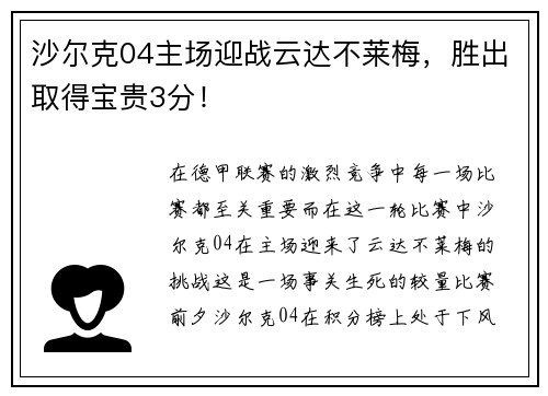 沙尔克04主场迎战云达不莱梅，胜出取得宝贵3分！