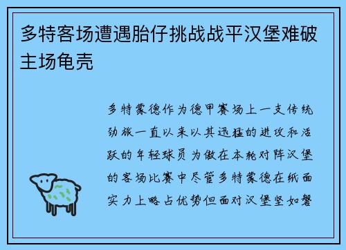 多特客场遭遇胎仔挑战战平汉堡难破主场龟壳