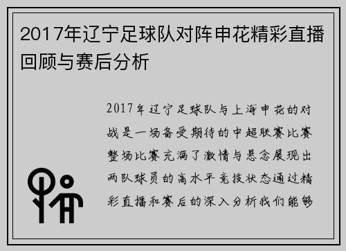 2017年辽宁足球队对阵申花精彩直播回顾与赛后分析