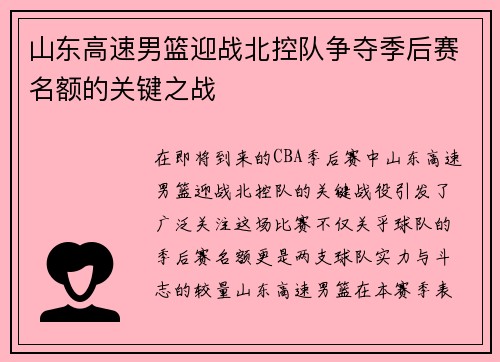 山东高速男篮迎战北控队争夺季后赛名额的关键之战