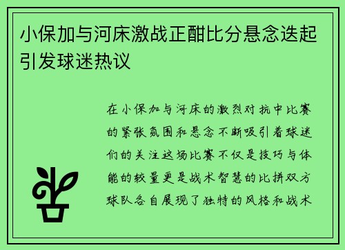 小保加与河床激战正酣比分悬念迭起引发球迷热议