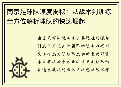 南京足球队速度揭秘：从战术到训练全方位解析球队的快速崛起