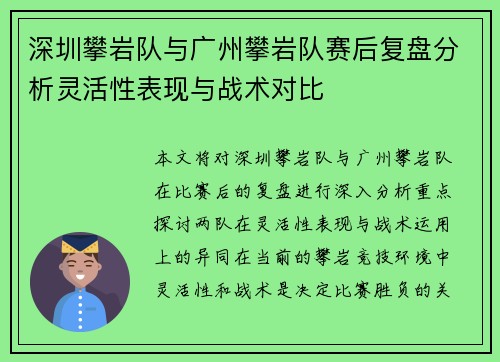 深圳攀岩队与广州攀岩队赛后复盘分析灵活性表现与战术对比